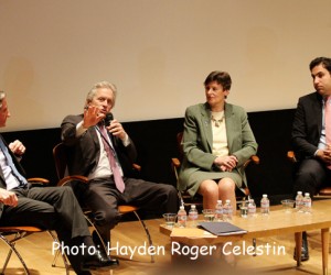 (L-R) Under-Secretary-General for Communications and Public Information Peter Launsky-Tieffenthal, High Representative for Disarmament Affairs, Angela Kane and UN Sectretary-General's Envoy, Ahmad Alhendawi, listens as, Actor and UN Messenger of Peace, Michael Douglas, 2nd from (L), answer a question during the "Action For Disarmament 10 Things You Can Do", book launch, on Tuesday April 15, 2014, at United Nations Headquarters, in New York City.  Photo: Hayden Roger Celestin 