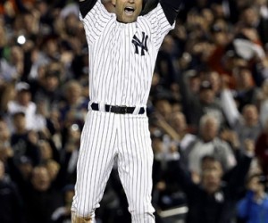 New York Yankees shortstop Derek Jeter celebrates his game winning hit in the ninth inning against the Baltimore Orioles at Yankees Stadium in the Bronx, New York, USA, 25 September 2014.  The Yankees defeated the Orioles 6-5. This is Jeter's last professional game as a Yankees at Yankees stadium. (Jason Szenes image)