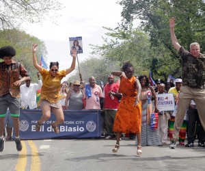 NYC Mayor Bill deBlasio and his family dance at the 2014 West Indian American Day Carnival. 