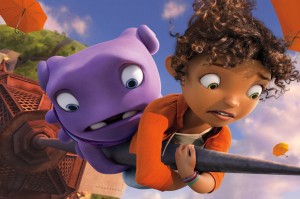 This photo released by DreamWorks Animation shows Oh, left, (voiced by Jim Parsons) and Tip (voiced by Rihanna) in DreamWorks Animation's "Home." The movie releases in the U.S. on March 27, 2015. (AP Photo/DreamWorks Animation)