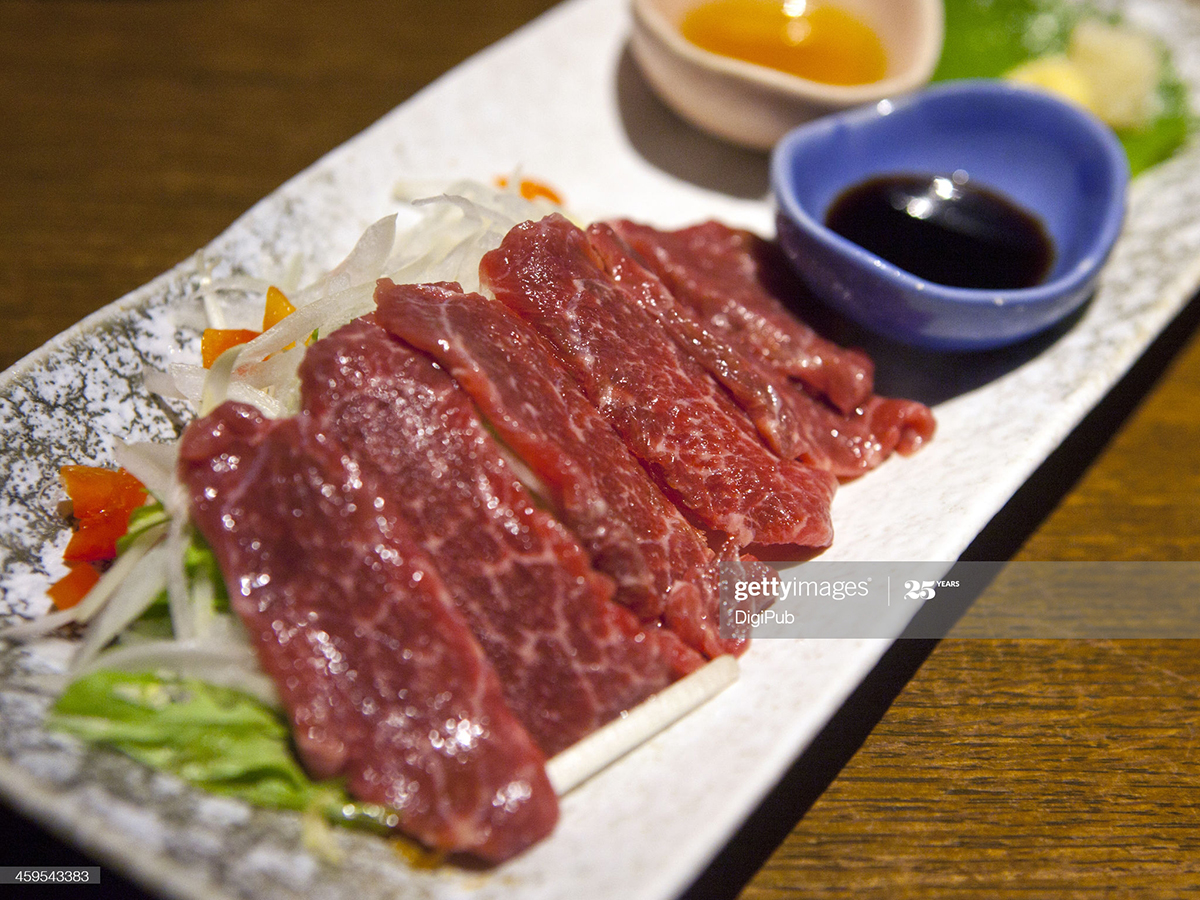 Horse-meat sashimi, raw horse meat dish. Horse-meat sashimi, raw horse meat dish.