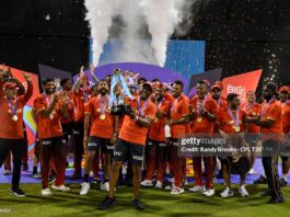 Trinbago Knight Riders celebrate winning the Men's 2025 Republic Bank Caribbean Premier League Final match 34 between Guyana Amazon Warriors and Trinbago Knight Riders at Guyana National Stadium on September 21, 2025 in Providence, Guyana. (Photo by Randy Brooks/CPL T20 via Getty Images)