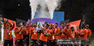 Trinbago Knight Riders celebrate winning the Men's 2025 Republic Bank Caribbean Premier League Final match 34 between Guyana Amazon Warriors and Trinbago Knight Riders at Guyana National Stadium on September 21, 2025 in Providence, Guyana. (Photo by Randy Brooks/CPL T20 via Getty Images)