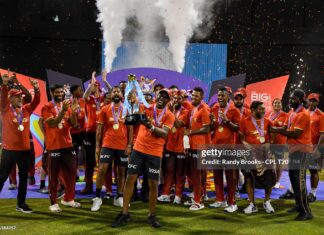 Trinbago Knight Riders celebrate winning the Men's 2025 Republic Bank Caribbean Premier League Final match 34 between Guyana Amazon Warriors and Trinbago Knight Riders at Guyana National Stadium on September 21, 2025 in Providence, Guyana. (Photo by Randy Brooks/CPL T20 via Getty Images)