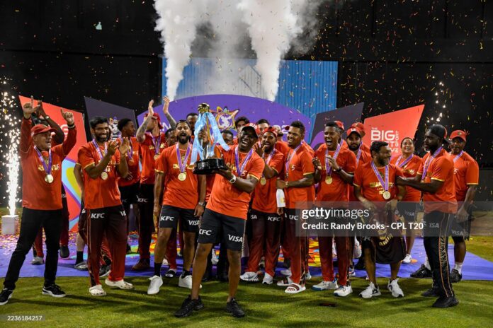 trinbago-knight-riders-win-2025-cpl Trinbago Knight Riders celebrate winning the Men's 2025 Republic Bank Caribbean Premier League Final match 34 between Guyana Amazon Warriors and Trinbago Knight Riders at Guyana National Stadium on September 21, 2025 in Providence, Guyana. (Photo by Randy Brooks/CPL T20 via Getty Images)