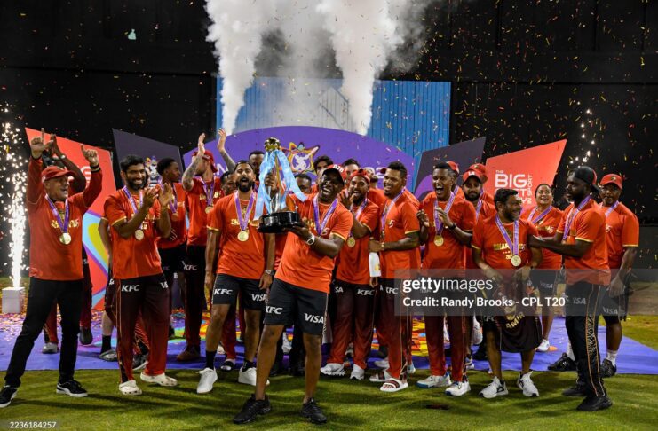 Trinbago Knight Riders celebrate winning the Men's 2025 Republic Bank Caribbean Premier League Final match 34 between Guyana Amazon Warriors and Trinbago Knight Riders at Guyana National Stadium on September 21, 2025 in Providence, Guyana. (Photo by Randy Brooks/CPL T20 via Getty Images)
