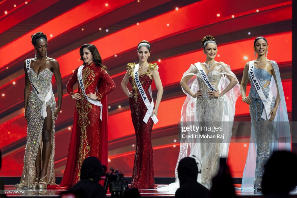 The Top 5 at Miss Universe 2025 - l-r: Cote d'Ivoire - Olivia Yacé, Mexico - Fátima Bosch, Venezuela - Stephany Abasali, Philippines - Ahtisa Manalo, and Thailand - Praveenar Singh in their evening gown for judges question round during 74th Miss Universe final competition at Impact Challenger Hall on November 21, 2025 in Bangkok, Thailand.