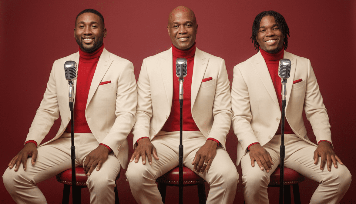 Gospel Artist Robert Bailey With Sons Joel and Renaldo Robert Bailey seated with his sons Joel and Renaldo in coordinated cream suits and red turtlenecks, posing with vintage microphones.