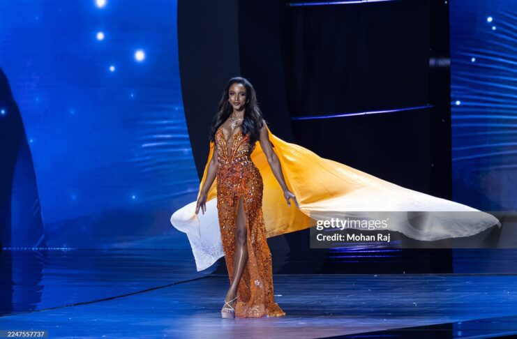 Miss Universe Jamaica 2025 contestant after fall on stage