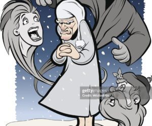 Cartoon of Ebenezer Scrooge surrounded by haunting ghostly figures, symbolizing how dreams confront us with emotions and truths we ignore during the day.