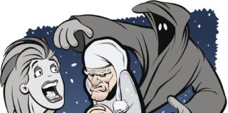 Cartoon of Ebenezer Scrooge surrounded by haunting ghostly figures, symbolizing how dreams confront us with emotions and truths we ignore during the day.