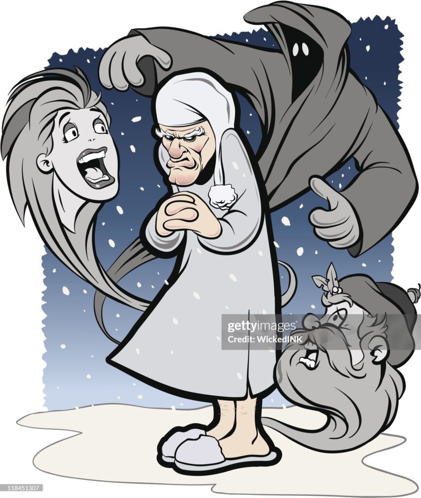Cartoon of Ebenezer Scrooge surrounded by haunting ghostly figures, symbolizing how dreams confront us with emotions and truths we ignore during the day.