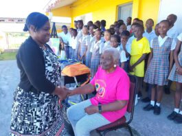 A Tribute To Potters’ Queen Of Education – Teacher Gen Retired Antiguan educator Teacher Gen being honored at Potters Village as students and community members look on.