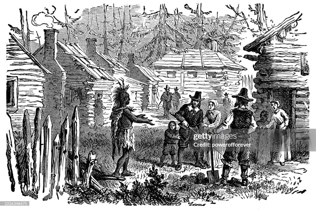 Historical illustration showing early American settlers interacting with an Indigenous man, reflecting themes of race, power, and cultural hierarchy.
