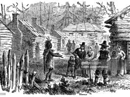 The Weight Of A Word: Rethinking “Minority” In America Historical illustration showing early American settlers interacting with an Indigenous man, reflecting themes of race, power, and cultural hierarchy.