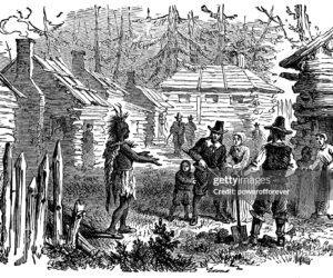 Historical illustration showing early American settlers interacting with an Indigenous man, reflecting themes of race, power, and cultural hierarchy.
