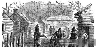 Historical illustration showing early American settlers interacting with an Indigenous man, reflecting themes of race, power, and cultural hierarchy.