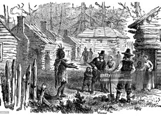 Historical illustration showing early American settlers interacting with an Indigenous man, reflecting themes of race, power, and cultural hierarchy.