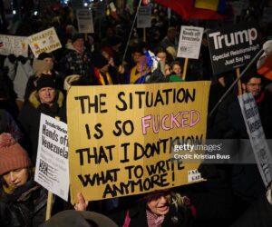 Hundreds of protesters turned out at the Hands Off Venezuela demonstration in response to the United States of America's actions in Venezuela on the 5th of January 2026, London, United Kingdom. The US attacked Venezuela on the 3rd of January and captured President Maduro and his wife Celia Flores in a highly controversial military action, which critics have suggested is illegal and in breach of international conventions. (photo by Kristian Buus/In Pictures via Getty Images)