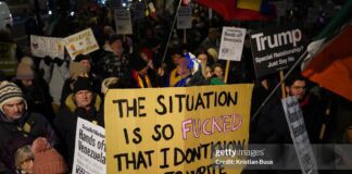 Hundreds of protesters turned out at the Hands Off Venezuela demonstration in response to the United States of America's actions in Venezuela on the 5th of January 2026, London, United Kingdom. The US attacked Venezuela on the 3rd of January and captured President Maduro and his wife Celia Flores in a highly controversial military action, which critics have suggested is illegal and in breach of international conventions. (photo by Kristian Buus/In Pictures via Getty Images)