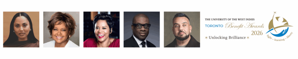 The UWI Toronto Benefit Awards honorees - L to R: Ayesha Curry, Tonya Williams, The Honourable Marci Ien, The Honourable Justice McLeod, Sam Ibrahim