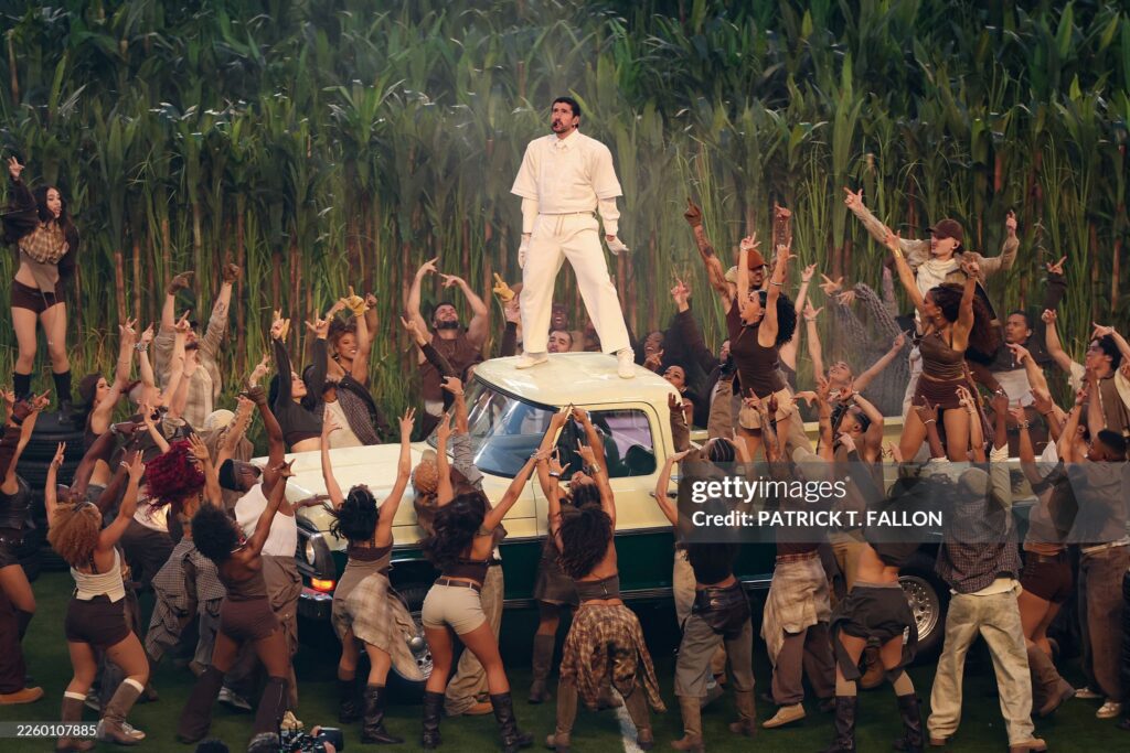 Puerto Rican singer Bad Bunny performs during Super Bowl LX Patriots vs Seahawks Apple Music Halftime Show at Levi's Stadium in Santa Clara, California on February 8, 2026. 