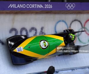 Jamaica's Mica Moore during the Women's Monobob Bobsleigh Heat 1 at the Cortina Sliding Centre, on day nine of the Milano Cortina 2026 Winter Olympics, Italy