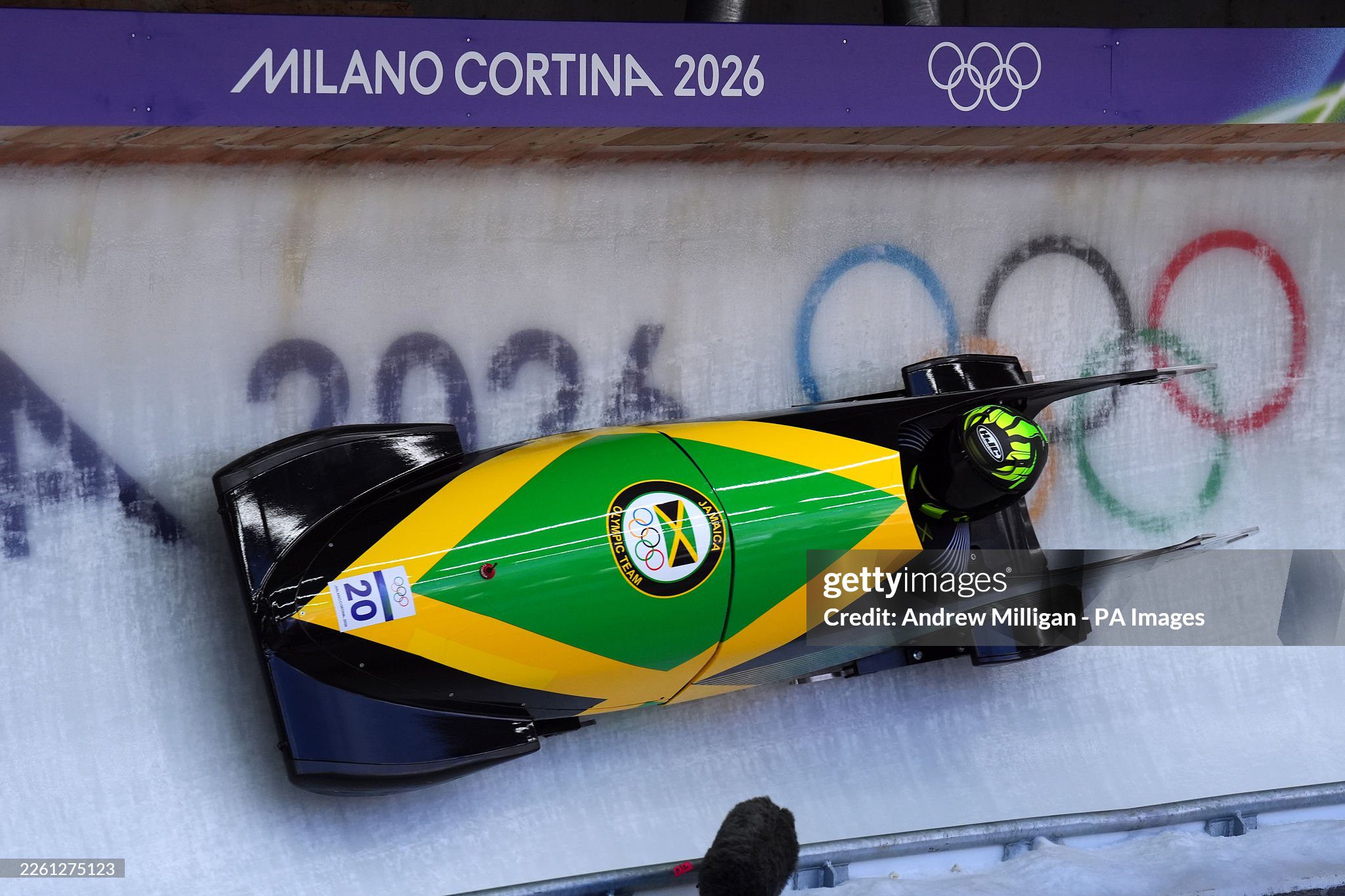 jamaican-bobsled-2026 Jamaica's Mica Moore during the Women's Monobob Bobsleigh Heat 1 at the Cortina Sliding Centre, on day nine of the Milano Cortina 2026 Winter Olympics, Italy
