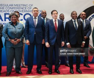 US Secretary of State Marco Rubio participates in a family photo with Caribbean Community (CARICOM) heads of government in Basseterre, Saint Kitts and Nevis, February 25, 2026