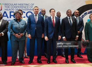 US Secretary of State Marco Rubio participates in a family photo with Caribbean Community (CARICOM) heads of government in Basseterre, Saint Kitts and Nevis, February 25, 2026