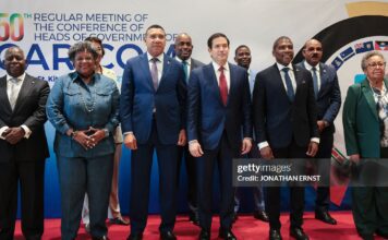 US Secretary of State Marco Rubio participates in a family photo with Caribbean Community (CARICOM) heads of government in Basseterre, Saint Kitts and Nevis, February 25, 2026