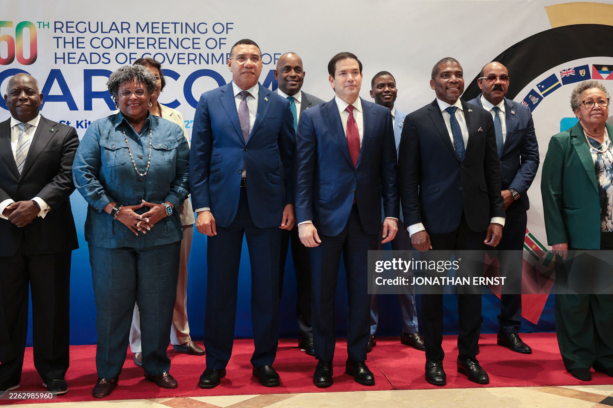 US Secretary of State Marco Rubio participates in a family photo with Caribbean Community (CARICOM) heads of government in Basseterre, Saint Kitts and Nevis, February 25, 2026