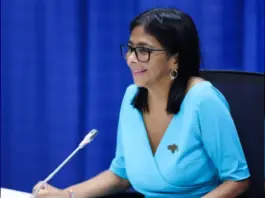 Guyana Protests Delcy Rodríguez Brooch Showing Claim To Essequibo Acting President of Venezuela, Delcy Rodríguez in Barbados